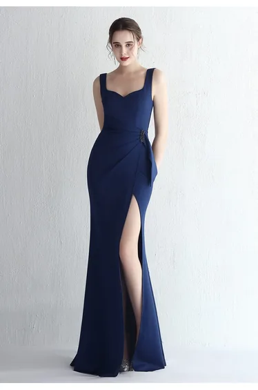 Ruched Waist High Slit Gown in Navy