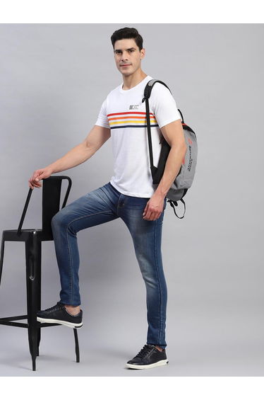 Men White Striped Round Neck T Shirt