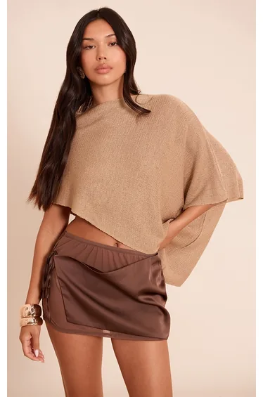 Beige Fine Knit Poncho Style Top