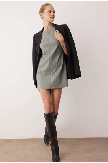 Gray Houndstooth Short / Mini Woven Dress