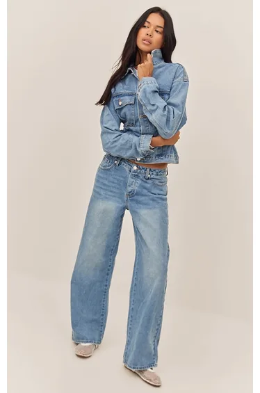 Mid Blue Wash Dip Front Straight Leg Jeans