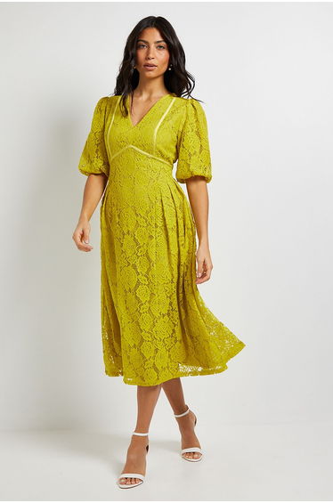 Lace Puff Sleeve Midi Dress