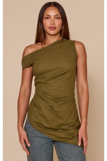 Tall Khaki Lightweight Woven One Shoulder Asymmetric Top