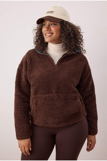 Brown bias-tape trimmed stand-up collar plush soft plus size sweatshirt