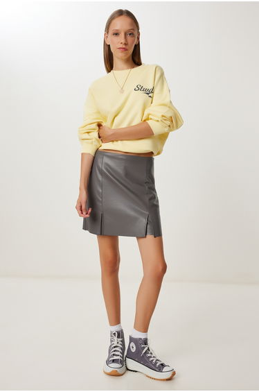Women's Gray Slit Mini Faux Leather Shorts Skirt