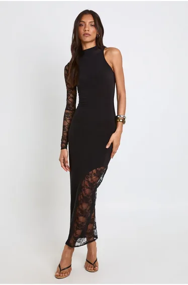 Tall Lace One Shoulder Midaxi Dress - black
