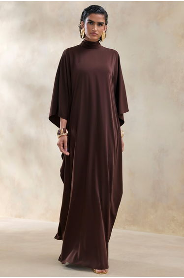 Lumisette | Brown Satin High-Neck Maxi Dress With Cape