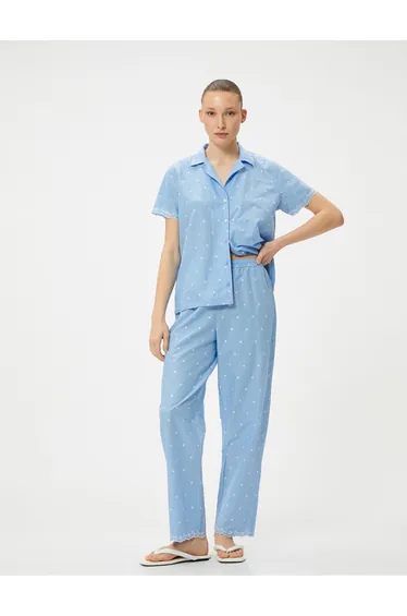 Buttoned Pajama Top Embroidered Shirt Collar Short Sleeve