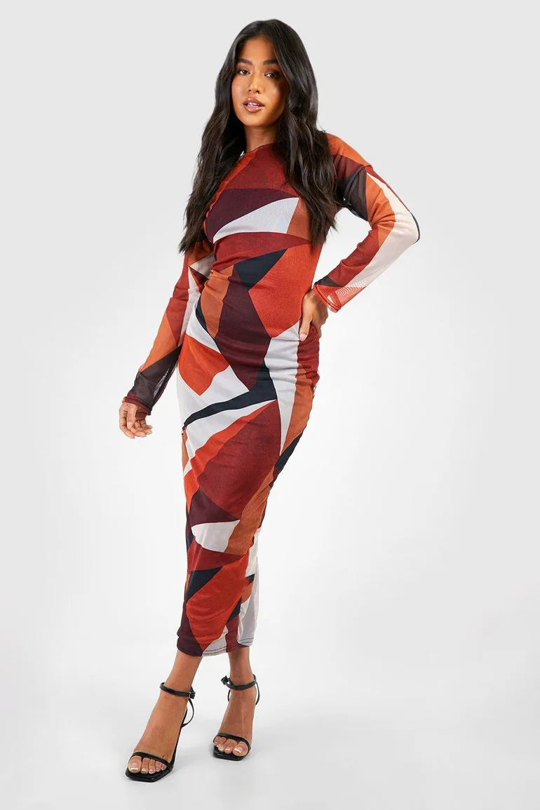 Petite Mesh Long Sleeve Midaxi Dress - multi