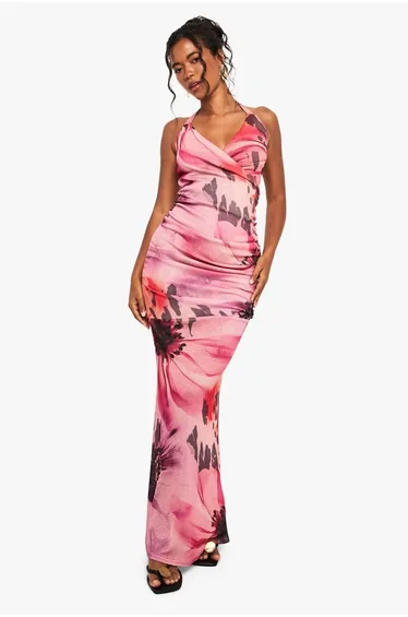 فستان ماكسي بياقة هالتر منسدلة بطبعة أزهار - زهري