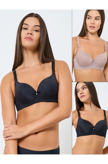 Pack of 2 - Padded Wired Solid Balconette Bra with Metal Trim