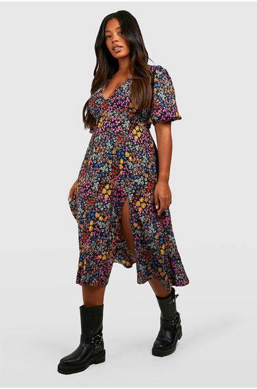 Plus Floral Print Midi Smock Dress - black