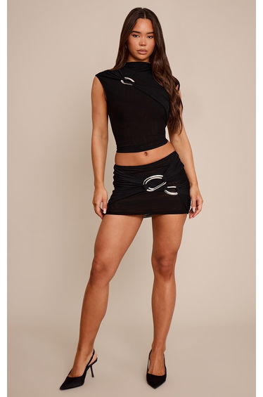 Black Double Layer Mesh Wrap Trim Detail Mini Skirt