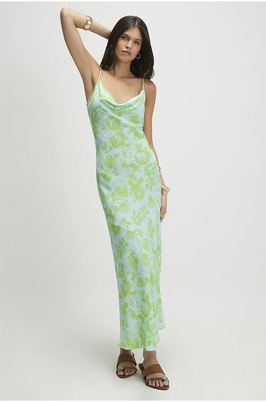 Blue Floral Print Cowl Neck Maxi Dress