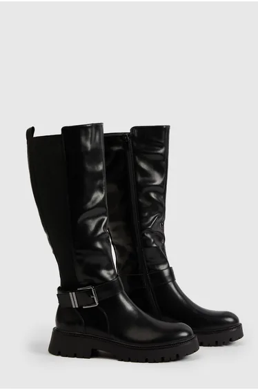 Buckle Detail Chunky Knee High Boots - black