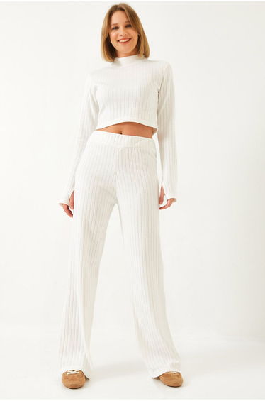 Women's Fingered Elastic Waisted Palazzo Pants Ribbed Bottom-Top Suit