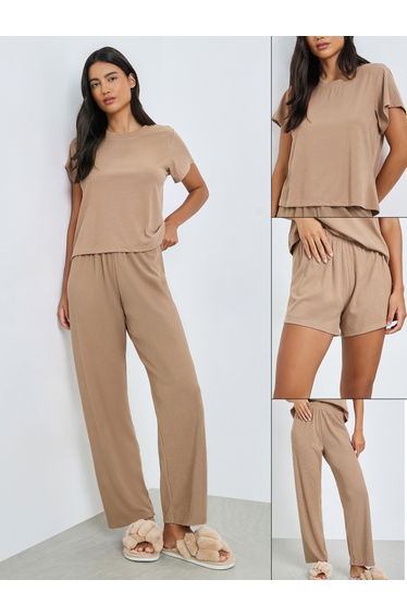 Ribbed Short Sleeve T-Shirt, Shorts and Pants Pyjama Set