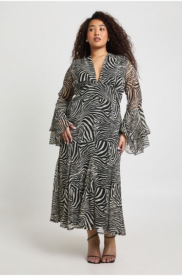 Plus Zebra Flared Cuff Godet Midaxi Skater Dress - zebra