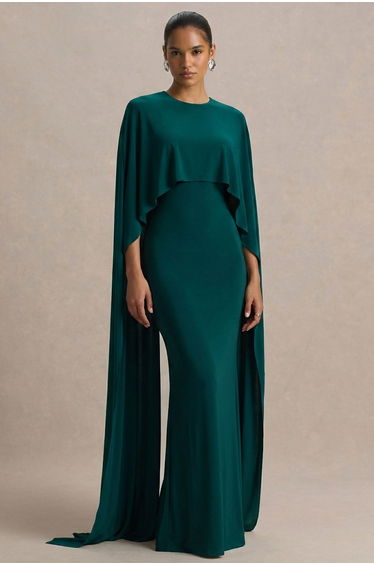 Padma | Bottle Green Draped Bardot Maxi Dress With Cape Sleeves
