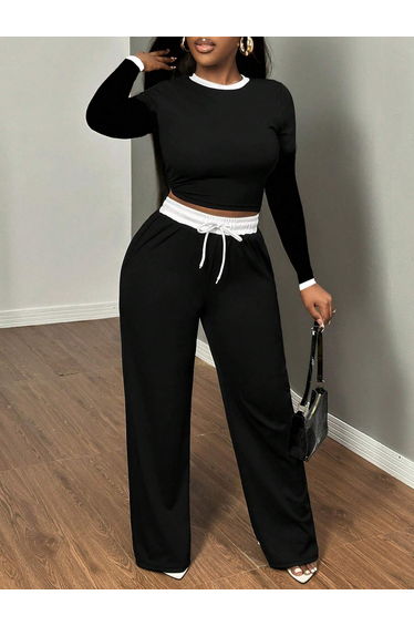 Women Contrast Round Neck Top and Drawstring Pants Co-Ords