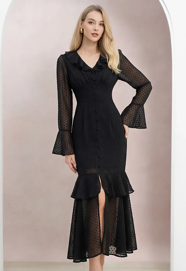 bell sleeve black maxi dress LIYANA Lace Ruched Celestia Fabric has some stretch Flock Dot Bell Sleeve Ruffle