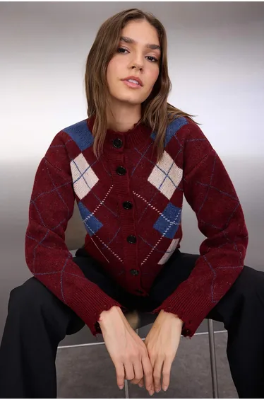 Damson Soft Textured Diamond Pattern Knitwear Cardigan