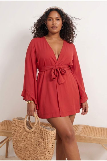 Tile Sleeve Ruffled Flounce Viscose Beach Wear Woven Plus Size Kimono&Kaftan