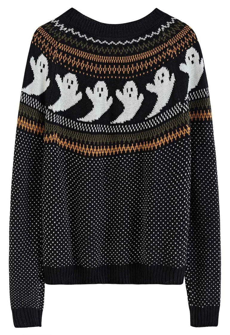 Cute Ghost Long Sleeves Knit Sweater in Black Halloween Costumes - 6