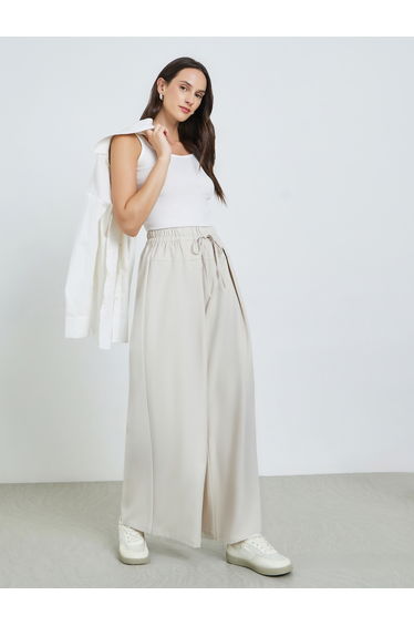 Beige Wide Leg Pants with Drawstring