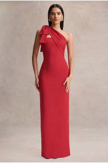 Adara | Red Asymmetric-Neck Maxi Dress With Bow-Detail