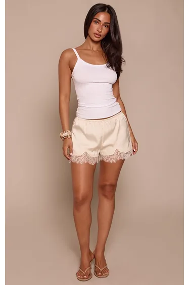 Petite Cream Satin Lace Hem Elasticated Waist Mini Shorts