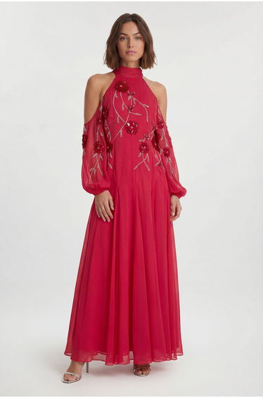 Petite Cold Shoulder 3D Floral Applique Woven Maxi Dress