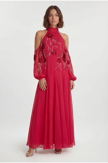 Petite Cold Shoulder 3D Floral Applique Woven Maxi Dress