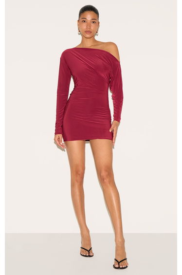 Wine Double Layer Slinky Asymmetric Off The Shoulder Mini Dress