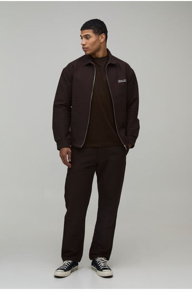 Textured Twill Regular Zip Up Overshirt & Straight Trouser Set - chocolate