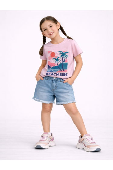 Girls Beach Graphic Round Neck T-Shirt