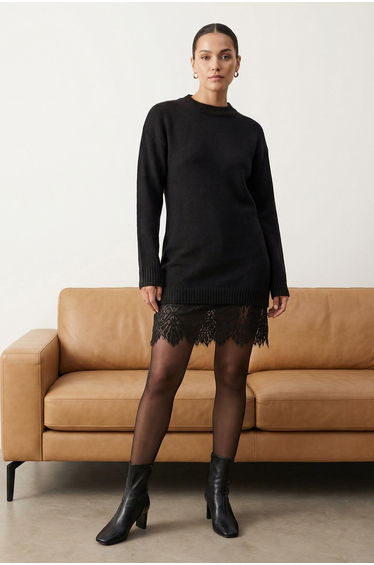 Black Soft Textured Crew Neck Lace Paneled Knitwear Sweater