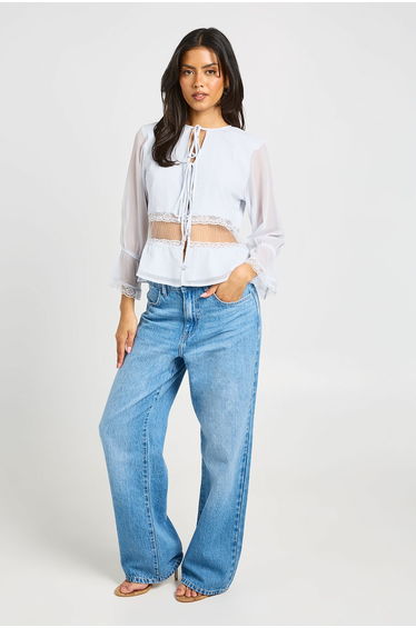 Crinkle Chiffon Lace Insert Blouse - baby blue