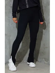 Black Brushed Rib Split Hem Leggings - 1