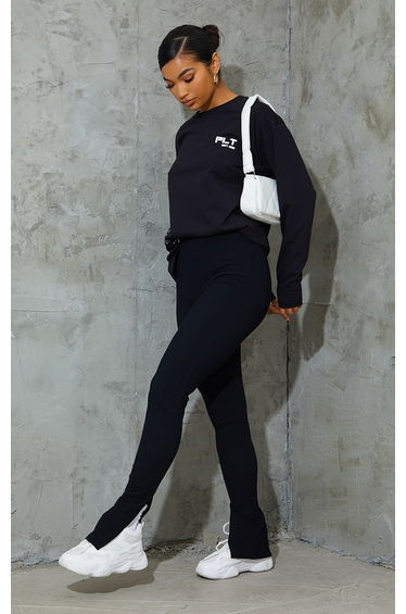 Black Brushed Rib Split Hem Leggings