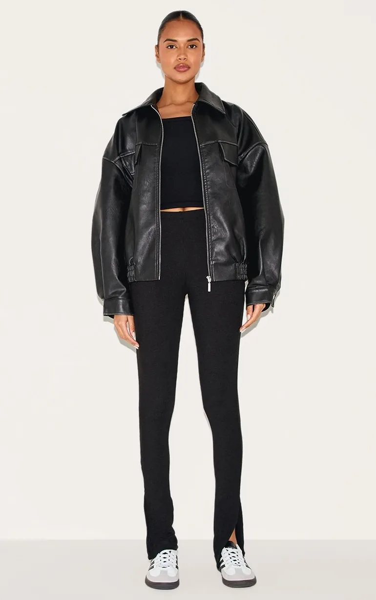 Black Brushed Rib Split Hem Leggings - 5