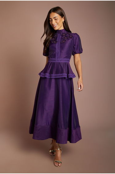 Puff Sleeve 3D Flower Detail Organza Midi Dress