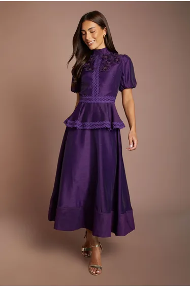 Puff Sleeve 3D Flower Detail Organza Midi Dress