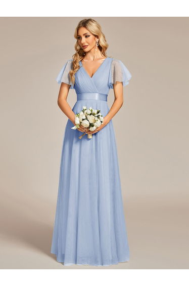 pretty MISTE|Women's Floor-Length Plus Size Formal Bridesmaid Dress with Short Sleeve