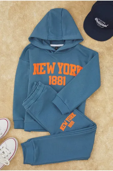 Blue*006 Unisex Cotton Slogan Print Hooded Regular Knitted Bottom - Top Set