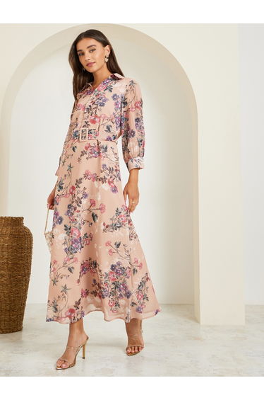 Women Beige Floral Maxi Dress with Belt