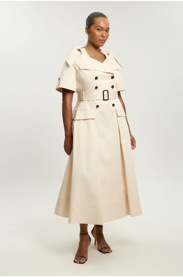 Plus Size Tailored Cotton Trench Belted Full Skirted Midi Dress
