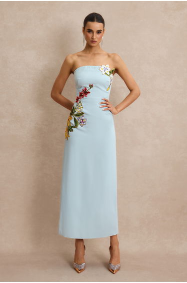 Embroidered Strapless Slit Maxi Dress