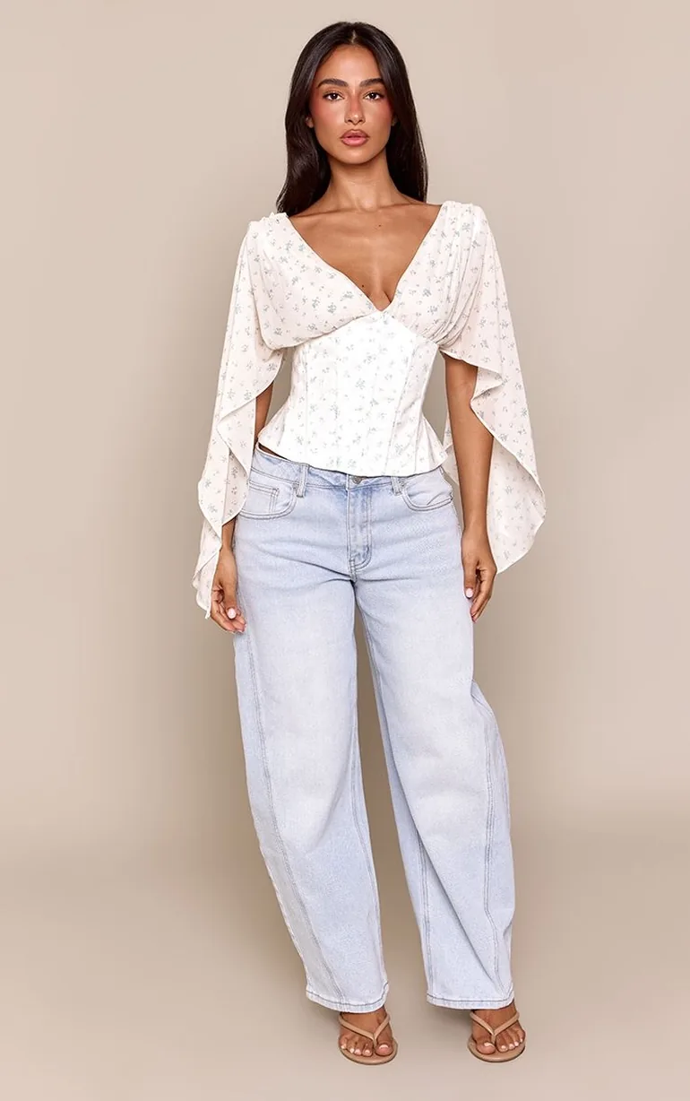 Petite Cream Floral Corset Waist Chiffon Drape Sleeve Top - 2
