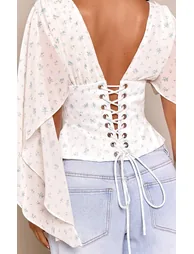 Petite Cream Floral Corset Waist Chiffon Drape Sleeve Top - 1
